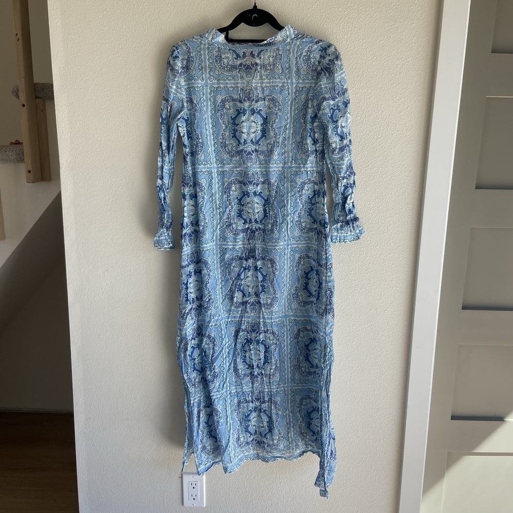 Le Sirenuse Positano Women's 40 Kaftan Maxi Dress Blue White Resort 100% Cotton - Picture 2 of 7